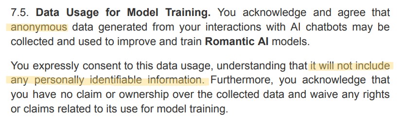 extrait conditions utilisation romantic ai