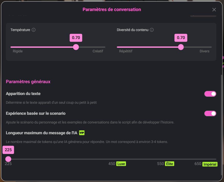 CrushOn AI parametres temperature diversite et longueur de reponses