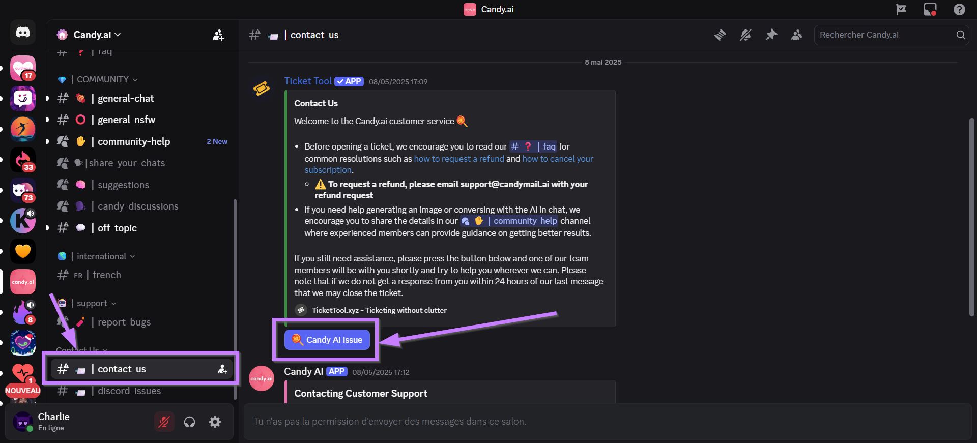 Candy AI ouvrir ticket support sur Discord