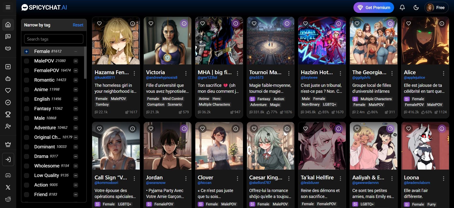 SpicyChat AI bots français et anglais