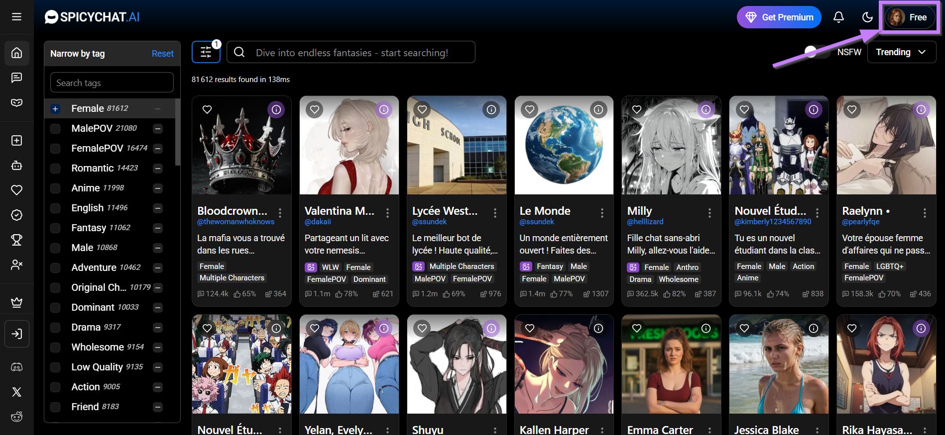 SpicyChat AI cliquer avatar