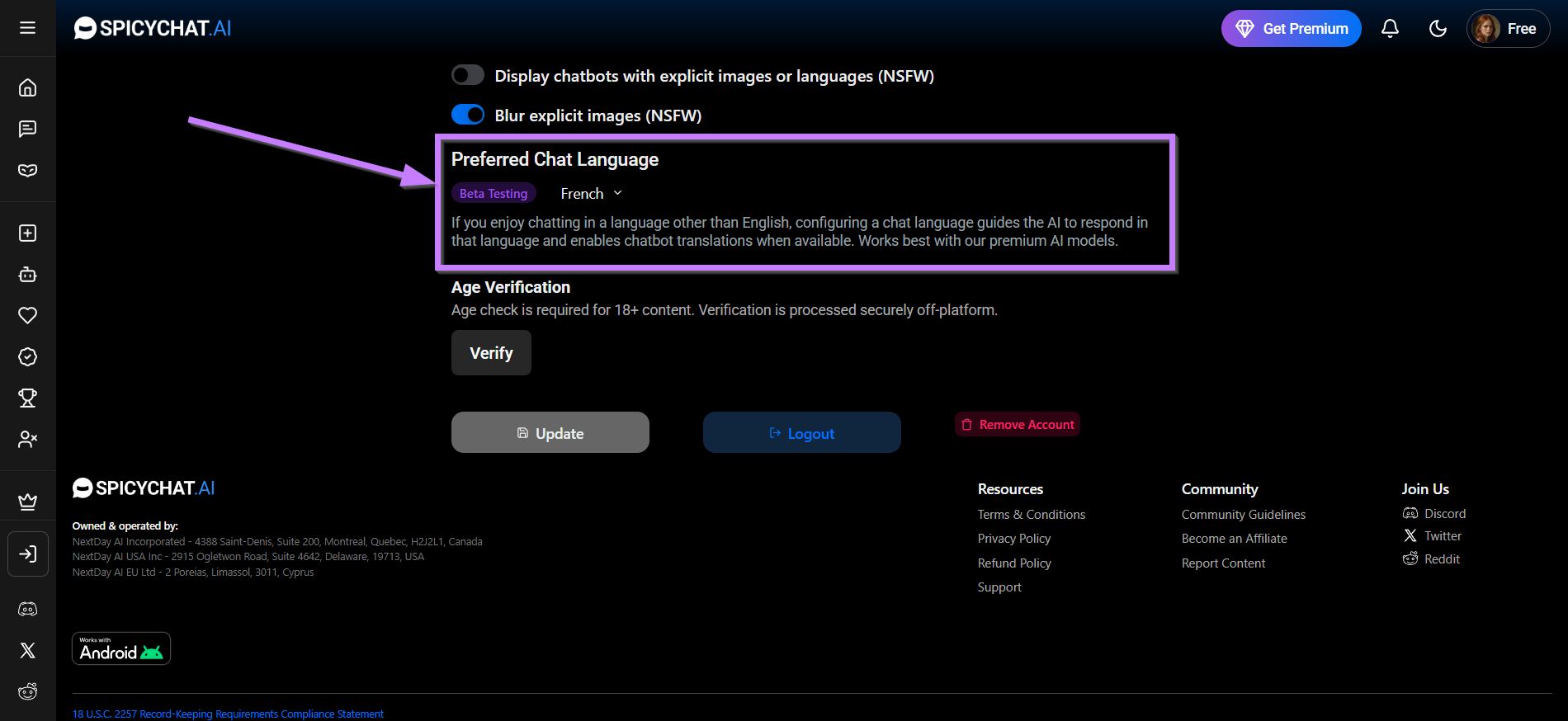 SpicyChat AI cliquer avatar Preferred Chat Language