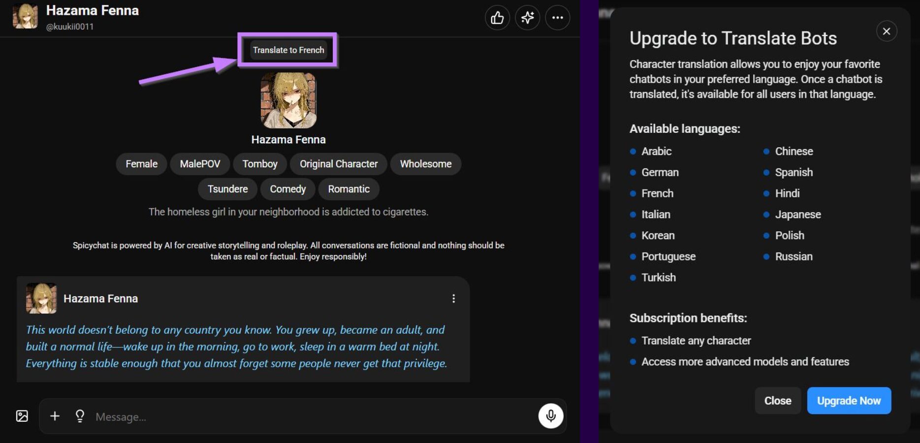 SpicyChat AI traduire bot