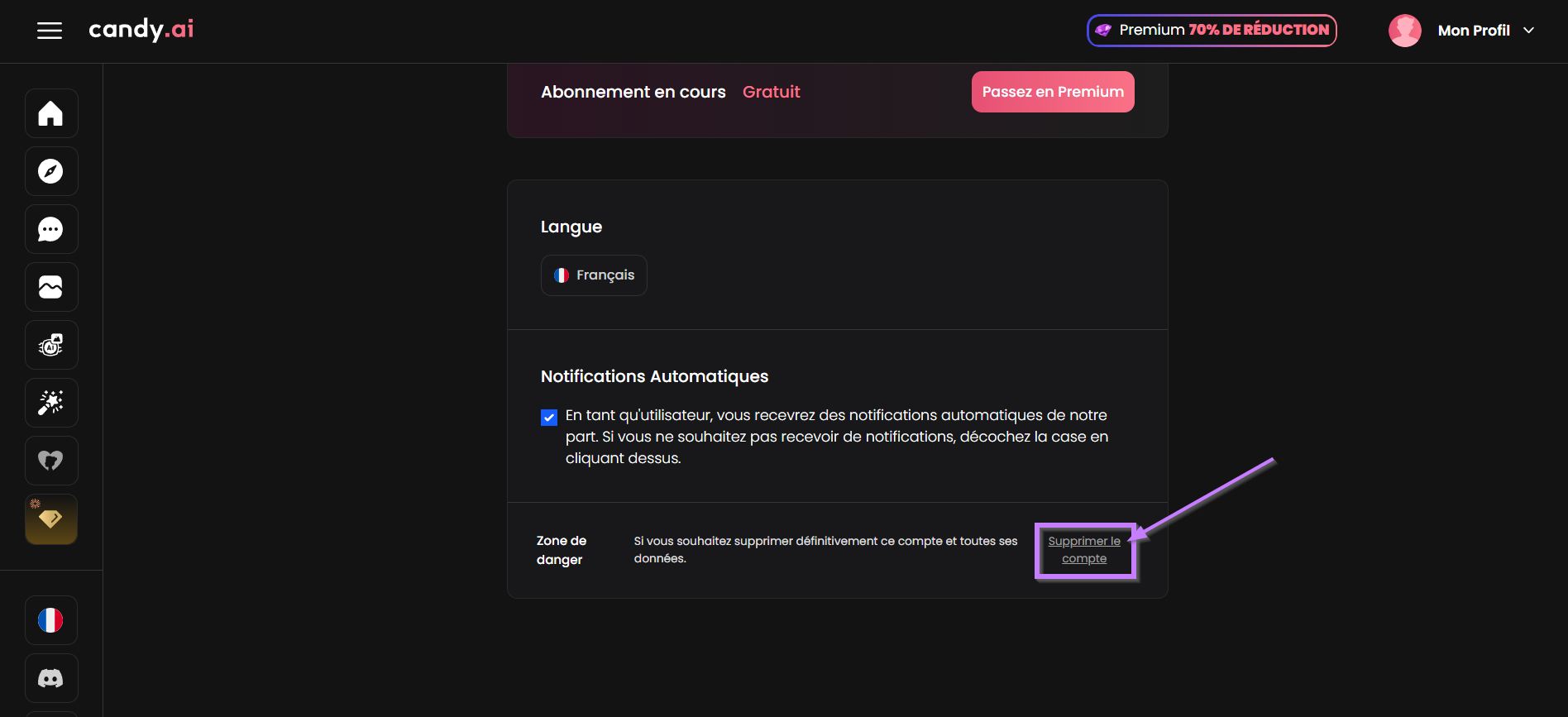 Cliquer supprimer le compte Candy AI